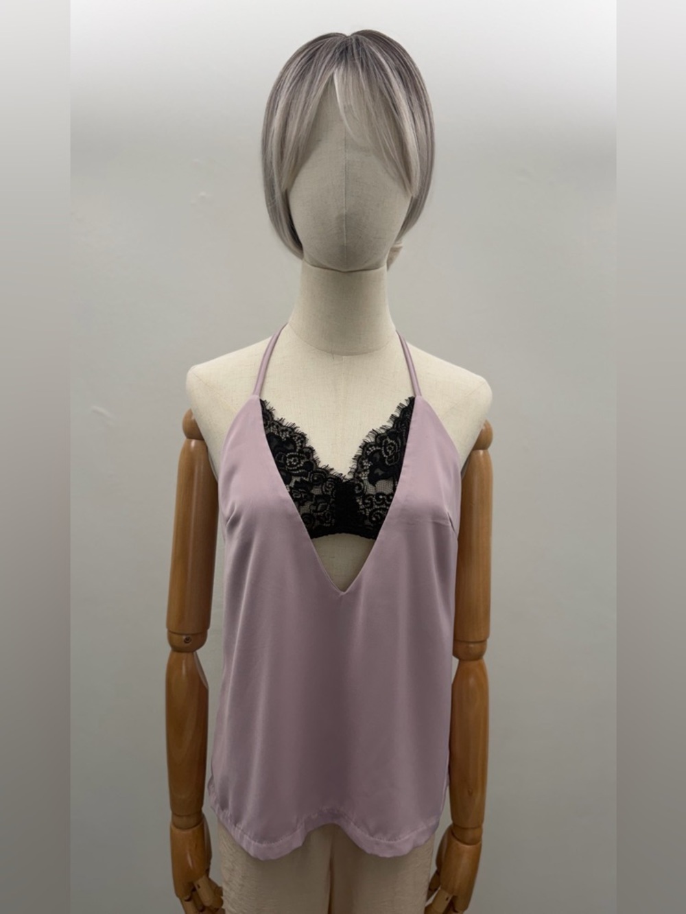 Missguided Satin Halter Top Women’s XS Pink Open Back Deep V Lace